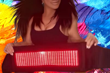 a woman holding a rectangular object with red lights