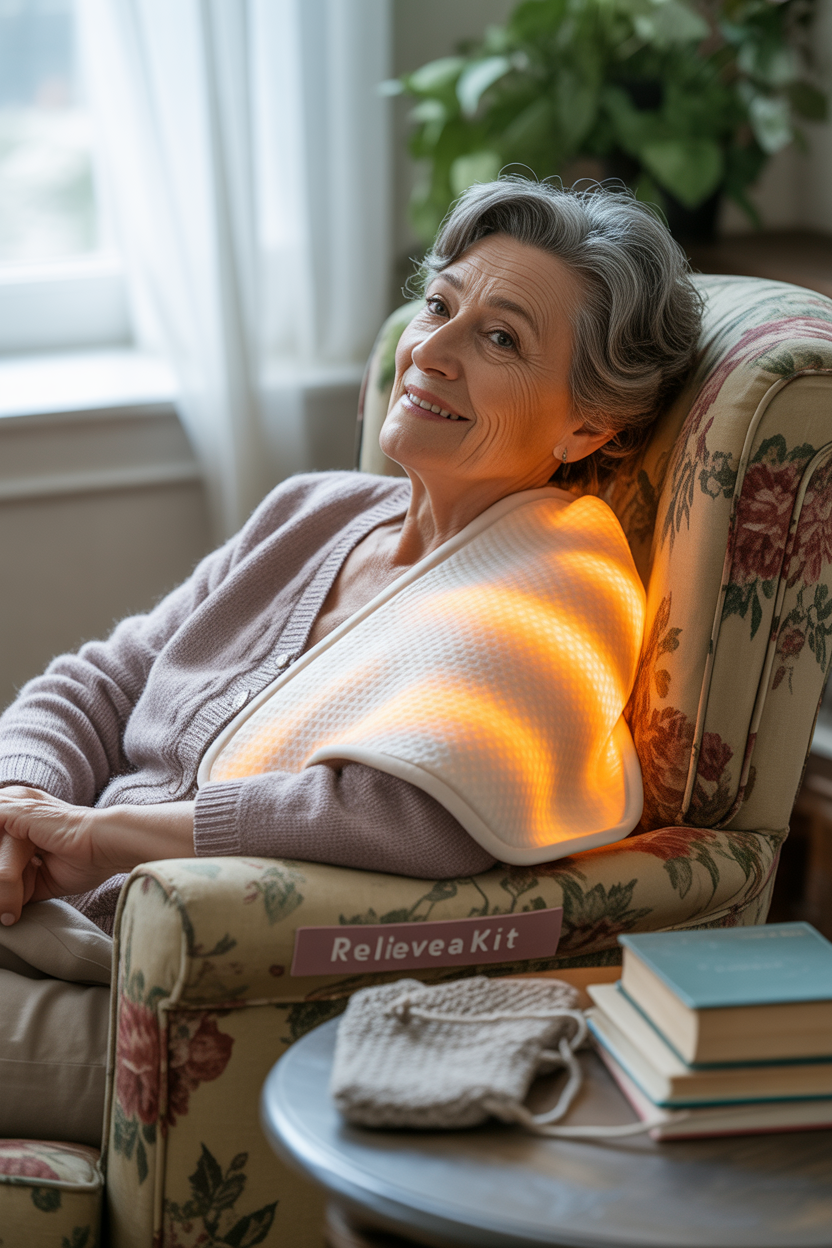 Woman using heating pad on her couch while reading a book