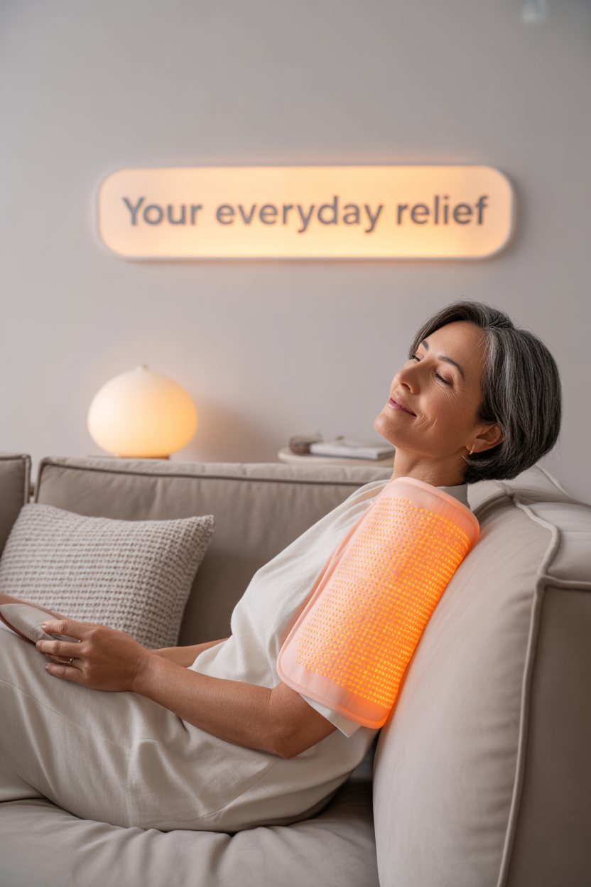 Diagram showing a heating pad used on the back, neck, and shoulders